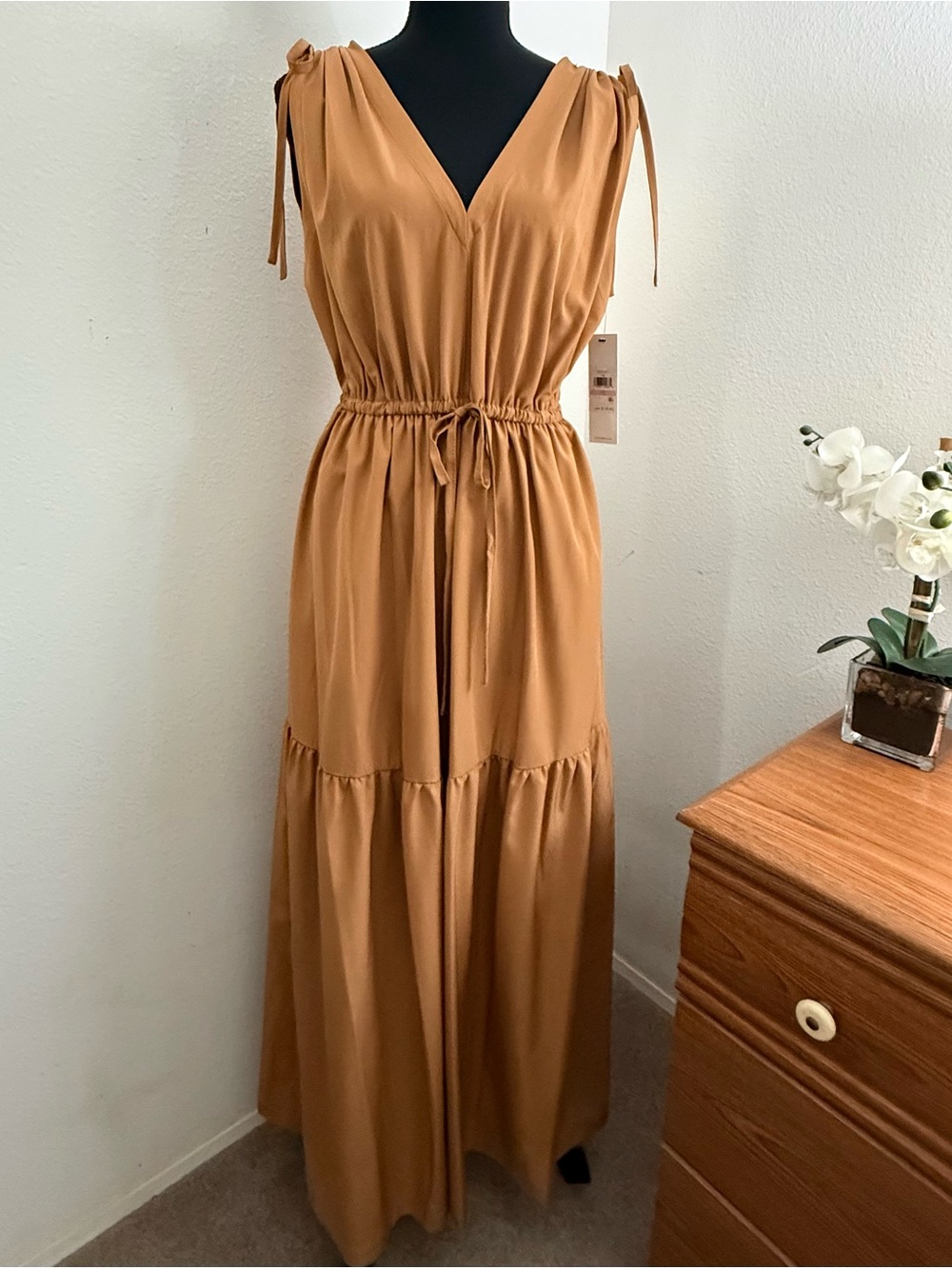 NWT Calvin Klein Women's Tie-Shoulder Maxi Dress in Camel Brown Size 10